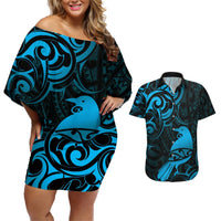 New Zealand Tui Bird Couples Matching Off Shoulder Short Dress and Hawaiian Shirt Aotearoa Maori Pattern - Blue LT14 Blue - Polynesian Pride