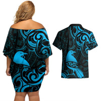 New Zealand Tui Bird Couples Matching Off Shoulder Short Dress and Hawaiian Shirt Aotearoa Maori Pattern - Blue LT14 - Polynesian Pride