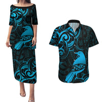 New Zealand Tui Bird Couples Matching Puletasi and Hawaiian Shirt Aotearoa Maori Pattern - Blue