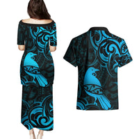New Zealand Tui Bird Couples Matching Puletasi and Hawaiian Shirt Aotearoa Maori Pattern - Blue