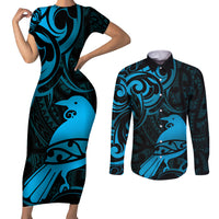 New Zealand Tui Bird Couples Matching Short Sleeve Bodycon Dress and Long Sleeve Button Shirt Aotearoa Maori Pattern - Blue LT14 Blue - Polynesian Pride