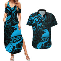 New Zealand Tui Bird Couples Matching Summer Maxi Dress and Hawaiian Shirt Aotearoa Maori Pattern - Blue LT14 Blue - Polynesian Pride