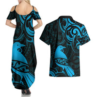 New Zealand Tui Bird Couples Matching Summer Maxi Dress and Hawaiian Shirt Aotearoa Maori Pattern - Blue LT14 - Polynesian Pride
