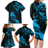 New Zealand Tui Bird Family Matching Long Sleeve Bodycon Dress and Hawaiian Shirt Aotearoa Maori Pattern - Blue LT14 - Polynesian Pride