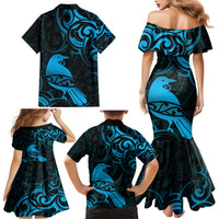 New Zealand Tui Bird Family Matching Mermaid Dress and Hawaiian Shirt Aotearoa Maori Pattern - Blue LT14 - Polynesian Pride