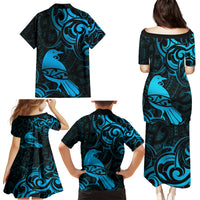 New Zealand Tui Bird Family Matching Puletasi and Hawaiian Shirt Aotearoa Maori Pattern - Blue LT14 - Polynesian Pride