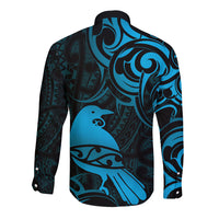 New Zealand Tui Bird Long Sleeve Button Shirt Aotearoa Maori Pattern - Blue