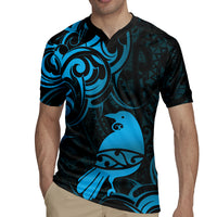 New Zealand Tui Bird Rugby Jersey Aotearoa Maori Pattern - Blue