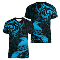 New Zealand Tui Bird Women V-Neck T-Shirt Aotearoa Maori Pattern - Blue