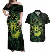 Kia Orana Kuki Airani Couples Matching Off Shoulder Maxi Dress and Hawaiian Shirt Cook Islands Tangaroa God Tatau Green