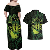 Kia Orana Kuki Airani Couples Matching Off Shoulder Maxi Dress and Hawaiian Shirt Cook Islands Tangaroa God Tatau Green