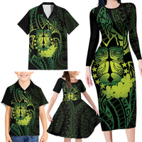 Kia Orana Kuki Airani Family Matching Long Sleeve Bodycon Dress and Hawaiian Shirt Cook Islands Tangaroa God Tatau Green