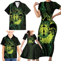 Kia Orana Kuki Airani Family Matching Short Sleeve Bodycon Dress and Hawaiian Shirt Cook Islands Tangaroa God Tatau Green