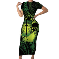 Kia Orana Kuki Airani Family Matching Short Sleeve Bodycon Dress and Hawaiian Shirt Cook Islands Tangaroa God Tatau Green