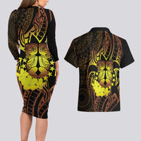 Kia Orana Kuki Airani Couples Matching Long Sleeve Bodycon Dress and Hawaiian Shirt Cook Islands Tangaroa God Tatau Gold