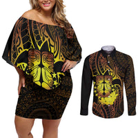 Kia Orana Kuki Airani Couples Matching Off Shoulder Short Dress and Long Sleeve Button Shirt Cook Islands Tangaroa God Tatau Gold