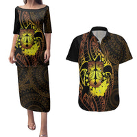 Kia Orana Kuki Airani Couples Matching Puletasi and Hawaiian Shirt Cook Islands Tangaroa God Tatau Gold