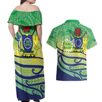 Te Maeva Nui Cook Islands Couples Matching Off Shoulder Maxi Dress and Hawaiian Shirt 60th Independence Anniversary Proud