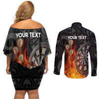 Personalised Aotearoa Darts Couples Matching Off Shoulder Short Dress and Long Sleeve Button Shirt Maori Koru Flaming Dartboard
