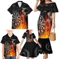 Personalised Aotearoa Darts Family Matching Mermaid Dress and Hawaiian Shirt Maori Koru Flaming Dartboard