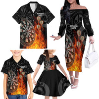Personalised Aotearoa Darts Family Matching Off The Shoulder Long Sleeve Dress and Hawaiian Shirt Maori Koru Flaming Dartboard