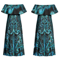 Maori Language Week Personalised Couples Matching Off Shoulder Maxi Dress and Long Sleeve Button Shirt Kia Mau Ki To Ukaipo Paua Shell Color LT14 - Polynesian Pride