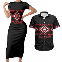 Aotearoa Atua Tumatauenga Personalised Couples Matching Short Sleeve Bodycon Dress and Hawaiian Shirt Maori God Of War Taniko Motifs LT14 Red - Polynesian Pride
