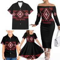 Aotearoa Atua Tumatauenga Personalised Family Matching Off The Shoulder Long Sleeve Dress and Hawaiian Shirt Maori God Of War Taniko Motifs LT14 - Polynesian Pride