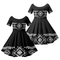 Aotearoa Atua Rehua Personalised Family Matching Off Shoulder Short Dress and Hawaiian Shirt Maori God Of Healing Taniko Motifs LT14 Daughter's Dress Grey - Polynesian Pride