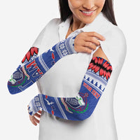 Personalised Toa Samoa Rugby Christmas Arm Sleeves Ula Fala Samoan Pattern Blue - Polynesian Pride