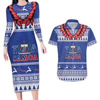 Personalised Toa Samoa Rugby Christmas Couples Matching Long Sleeve Bodycon Dress and Hawaiian Shirt Ula Fala Samoan Pattern Blue - Polynesian Pride