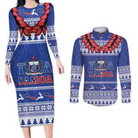 Personalised Toa Samoa Rugby Christmas Couples Matching Long Sleeve Bodycon Dress and Long Sleeve Button Shirt Ula Fala Samoan Pattern Blue - Polynesian Pride