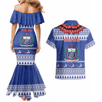 Personalised Toa Samoa Rugby Christmas Couples Matching Mermaid Dress and Hawaiian Shirt Ula Fala Samoan Pattern Blue - Polynesian Pride