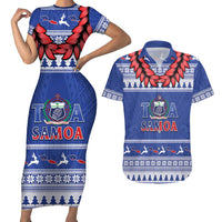 Personalised Toa Samoa Rugby Christmas Couples Matching Short Sleeve Bodycon Dress and Hawaiian Shirt Ula Fala Samoan Pattern Blue - Polynesian Pride
