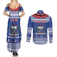 Personalised Toa Samoa Rugby Christmas Couples Matching Summer Maxi Dress and Long Sleeve Button Shirt Ula Fala Samoan Pattern Blue - Polynesian Pride