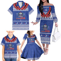 Personalised Toa Samoa Rugby Christmas Family Matching Off The Shoulder Long Sleeve Dress and Hawaiian Shirt Ula Fala Samoan Pattern Blue LT14 - Polynesian Pride
