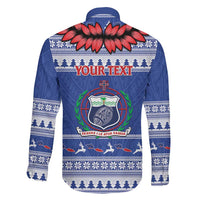 Personalised Toa Samoa Rugby Christmas Family Matching Off The Shoulder Long Sleeve Dress and Hawaiian Shirt Ula Fala Samoan Pattern Blue LT14 - Polynesian Pride