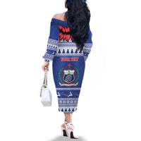 Personalised Toa Samoa Rugby Christmas Family Matching Off The Shoulder Long Sleeve Dress and Hawaiian Shirt Ula Fala Samoan Pattern Blue - Polynesian Pride