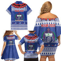 Personalised Toa Samoa Rugby Christmas Family Matching Off Shoulder Short Dress and Hawaiian Shirt Ula Fala Samoan Pattern Blue - Polynesian Pride