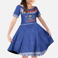 Personalised Toa Samoa Rugby Christmas Family Matching Short Sleeve Bodycon Dress and Hawaiian Shirt Ula Fala Samoan Pattern Blue LT14 Daughter's Dress Blue - Polynesian Pride