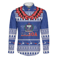 Personalised Toa Samoa Rugby Christmas Family Matching Tank Maxi Dress and Hawaiian Shirt Ula Fala Samoan Pattern Blue LT14 Dad's Shirt - Long Sleeve Blue - Polynesian Pride