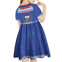 Personalised Toa Samoa Rugby Christmas Kid Short Sleeve Dress Ula Fala Samoan Pattern Blue - Polynesian Pride