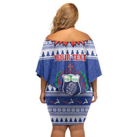 Personalised Toa Samoa Rugby Christmas Off Shoulder Short Dress Ula Fala Samoan Pattern Blue - Polynesian Pride