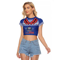 Personalised Toa Samoa Rugby Christmas Raglan Cropped T Shirt Ula Fala Samoan Pattern Blue - Polynesian Pride