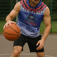 Personalised Toa Samoa Rugby Christmas Sleeveless Hoodie Ula Fala Samoan Pattern Blue - Polynesian Pride