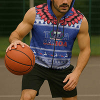 Personalised Toa Samoa Rugby Christmas Sleeveless Zip Hoodie Ula Fala Samoan Pattern Blue - Polynesian Pride