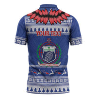 Personalised Toa Samoa Rugby Christmas Zipper Polo Shirt Ula Fala Samoan Pattern Blue - Polynesian Pride