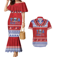 Personalised Toa Samoa Rugby Christmas Couples Matching Mermaid Dress and Hawaiian Shirt Ula Fala Samoan Pattern Red - Polynesian Pride