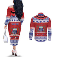 Personalised Toa Samoa Rugby Christmas Couples Matching Off The Shoulder Long Sleeve Dress and Long Sleeve Button Shirt Ula Fala Samoan Pattern Red - Polynesian Pride