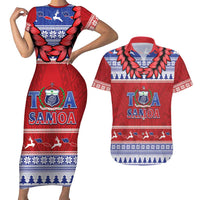 Personalised Toa Samoa Rugby Christmas Couples Matching Short Sleeve Bodycon Dress and Hawaiian Shirt Ula Fala Samoan Pattern Red - Polynesian Pride